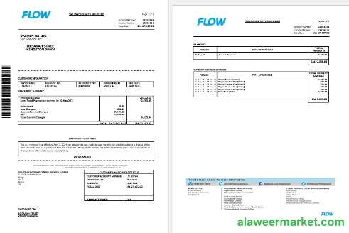 Jamaica Flow tax invoice cable and internet business utility bill Word and PDF template, 2 pages
